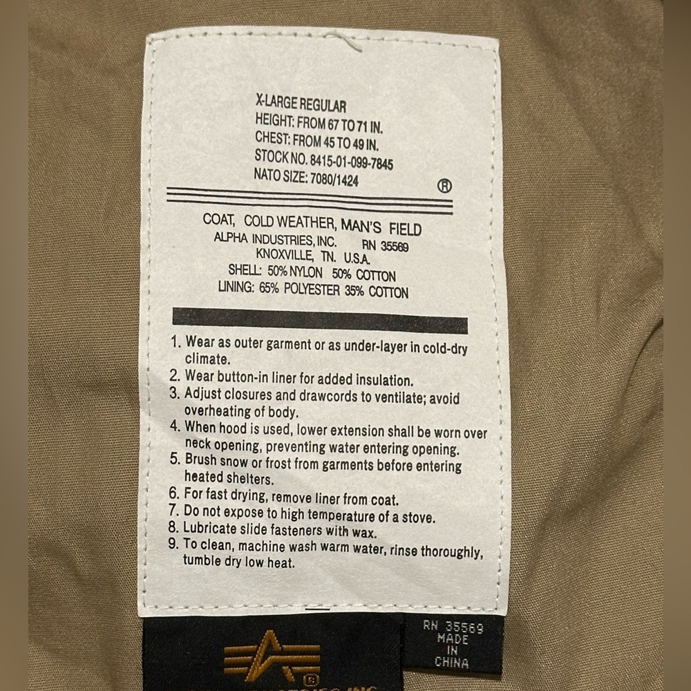 Alpha Industries Coat XL Regular Tan M65 Field Jacket First Gen Y2K Repro - Picture 11 of 16
